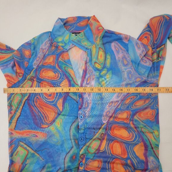 POSTER GIRL Womens 2X Mesh Crop Top Blue Orange Tie Dye Button Up Long Sleeve - Picture 6 of 11